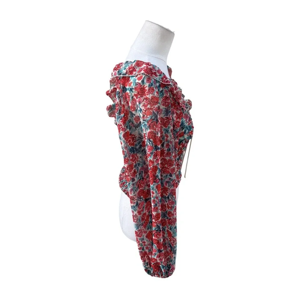 Free People XS Floral Ruched Crop Top Sheer Puff Sleeve Open Back Boho Blouse